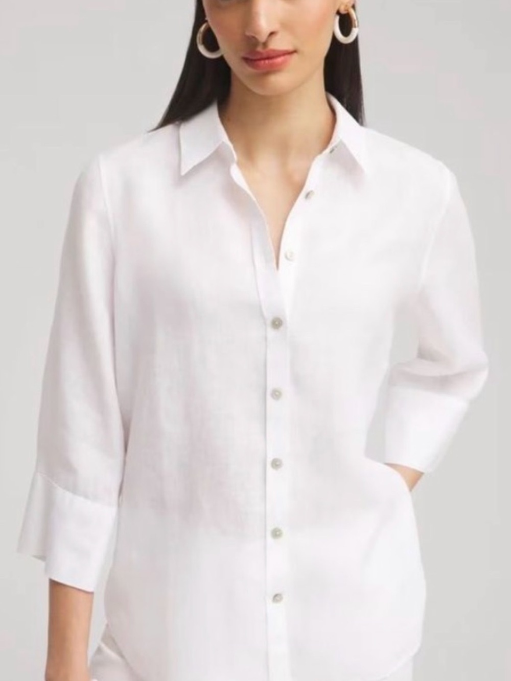 Chico's White No Iron Linen Button-Down  3/4 Sleeve Shirt